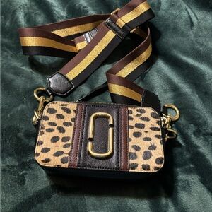 Marc Jacobs Leopard Haircalf Camera Bag with Brown & Gold Striped Strap